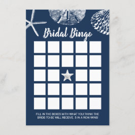 Invitación Beach Seashells Bridal Shower Bingo Game Navy Blue
