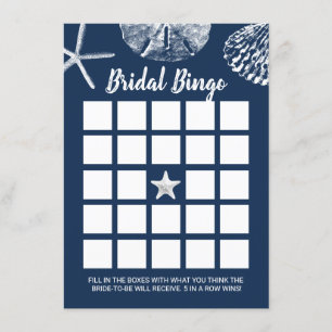 Invitación Beach Seashells Bridal Shower Bingo Game Navy Blue