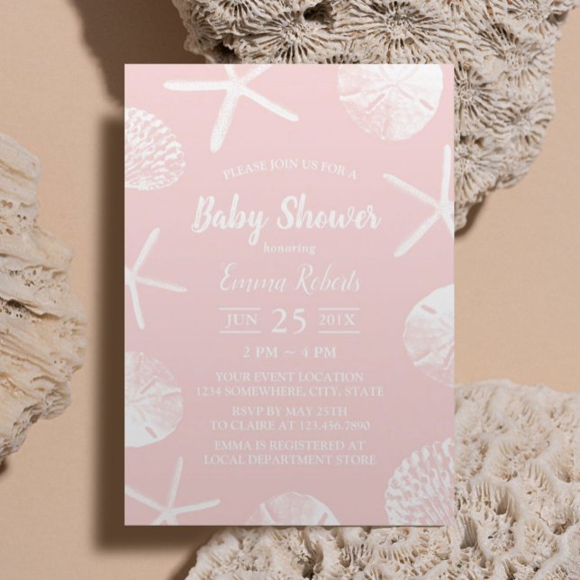 Invitación Beach Seashells Elegant Rubor Pink Baby Shower (Subido por el creador)