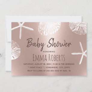 Invitación Beach Seashells Rosa moderno Rubor Gold Baby Showe