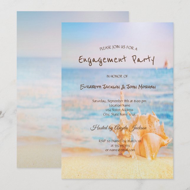 Invitación Beach,Seastar,Compromiso con las conchas marinas (Anverso / Reverso)
