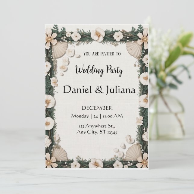 Invitación Beach Shell & Floral Frame Engagement Invitation (Anverso de pie)