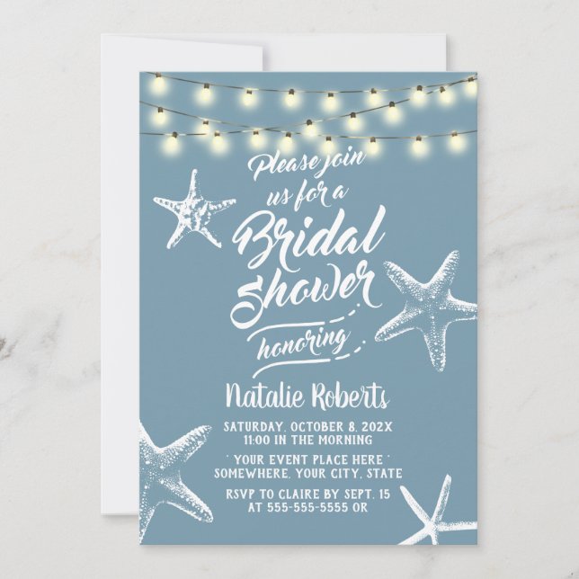 Invitación Beach Starfish Elegante Dusty Blue Bridal Shower (Anverso)