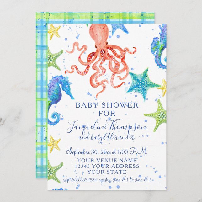 Invitación Beach Starfish Octopus Seahorse Boy Baby Shower (Anverso / Reverso)