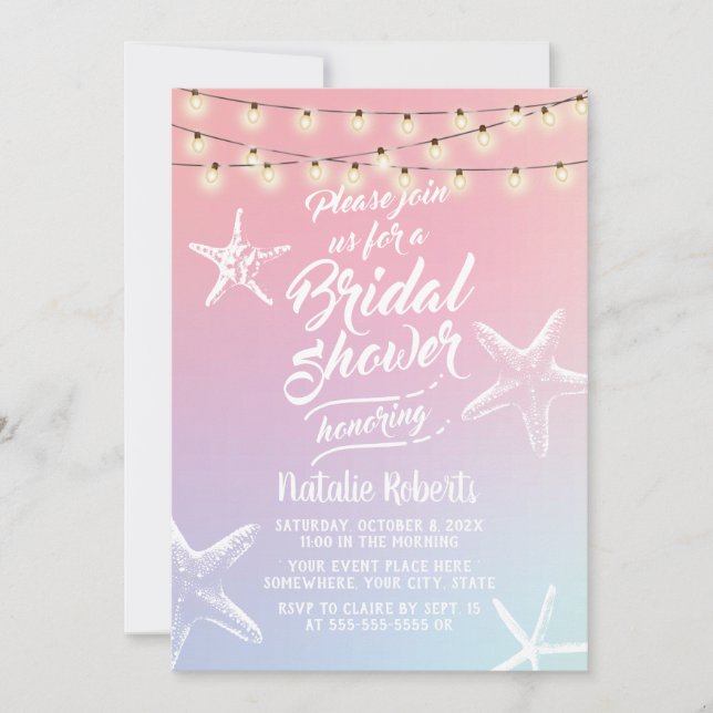 Invitación Beach Starfish Pastel Holographic Bridal Shower (Anverso)