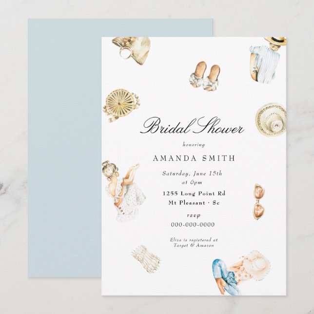 Invitación Beach Summer Seashore Watercolor Bridal Shower (Anverso / Reverso)