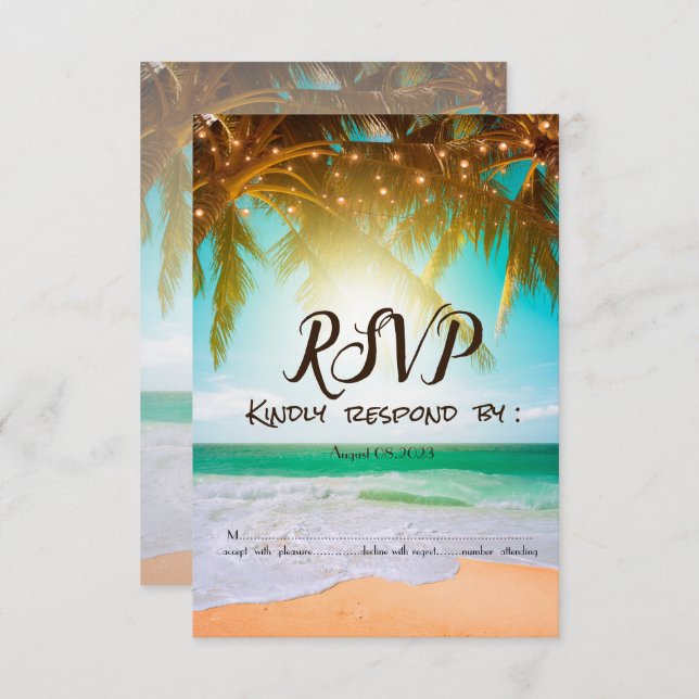 Invitación Beach,Sun,Palm,String Luces RSVP (Anverso / Reverso)