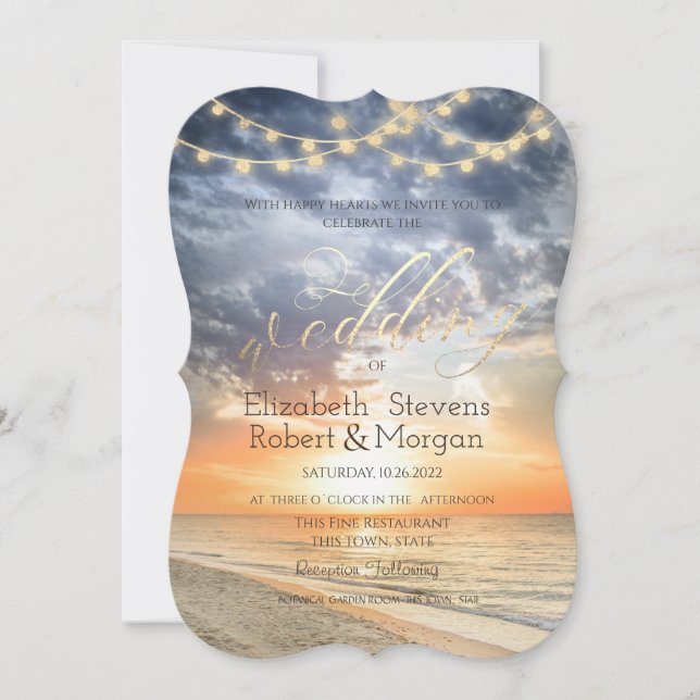 Invitación Beach Sunrise String Lights Gold Boda (Anverso)