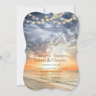 Invitación Beach Sunrise String Lights Gold Boda