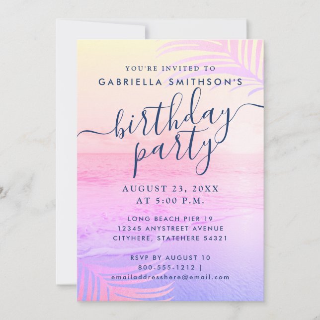 Invitación Beach Sunset Bright Pastel Filtro Rosa Cumpleaños (Anverso)