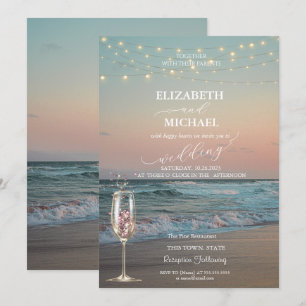 Invitación Beach Sunset, Champagne Glass Boda