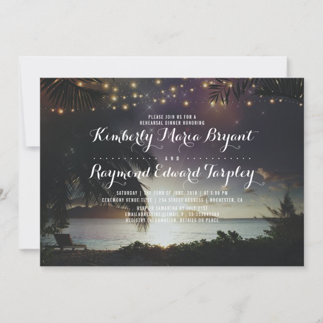 Invitación Beach Sunset Lights Tropical Rehearner Cena (Anverso)