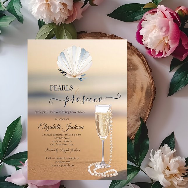 Invitación Beach Sunset Seashell Pearl & Prosecco (Subido por el creador)