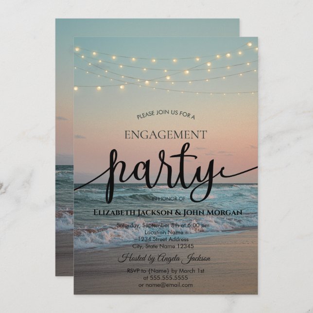 Invitación Beach Sunset,String Lights Script Engagement (Anverso / Reverso)