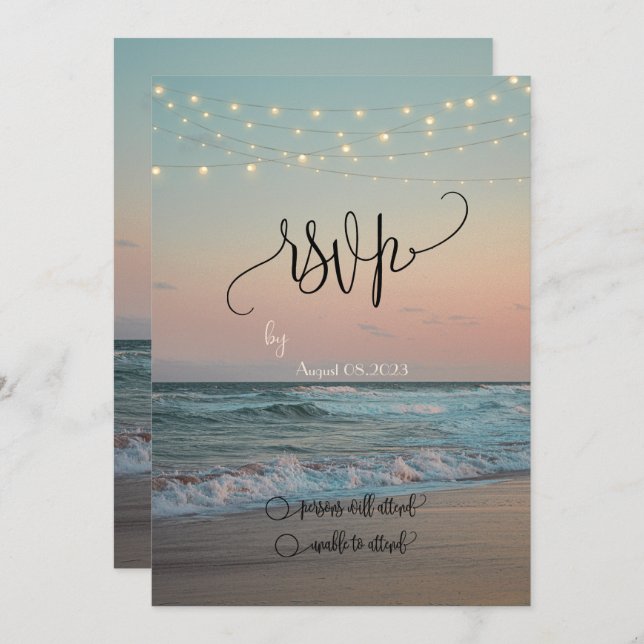 Invitación Beach Sunset,String Lights Script RSVP (Anverso / Reverso)