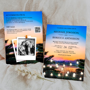 Invitación Beach Sunset String Luces Foto Boda de código QR