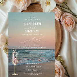 Invitación Beach Sunset, Waves, Champagne Glass Boda