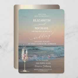 Invitación Beach Sunset, Waves, Champagne Glass Boda