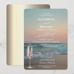 Invitación Beach Sunset, Waves, Champagne Glass Boda