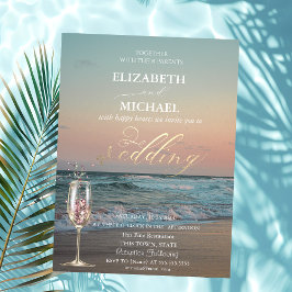 Invitación Beach Sunset, Waves, Champagne Glass Gold Boda