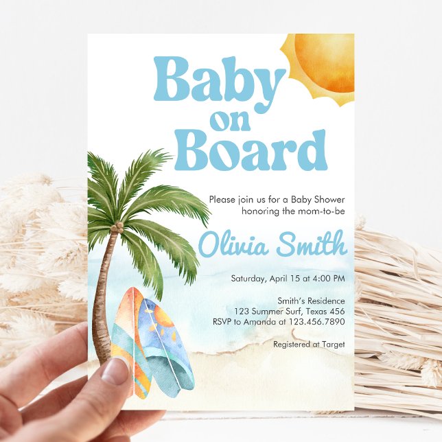Invitación Beach Surf Baby on Board Baby Shower (Baby on Board Baby Shower Invitation)