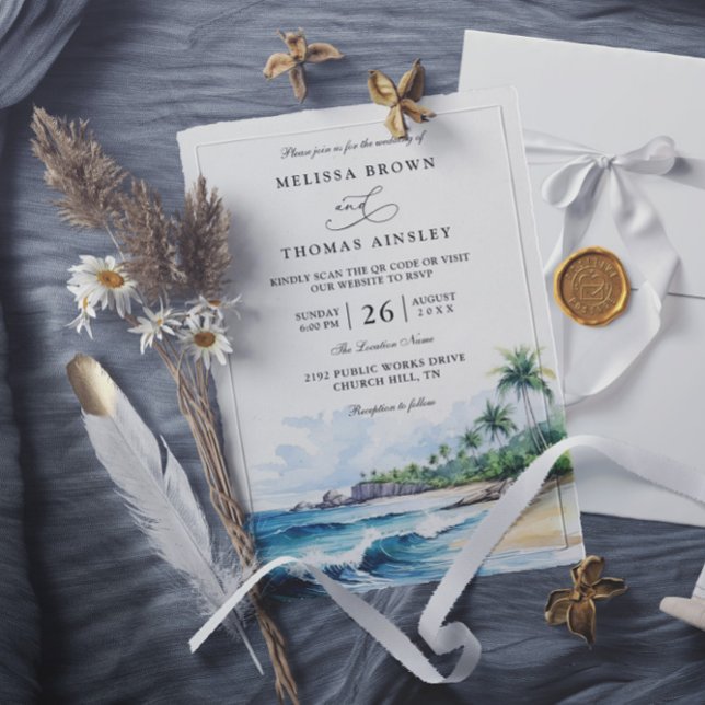 Invitación Beach Tropical Elegant Modern QR Code Wedding (Subido por el creador)