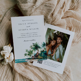 Invitación Beach Tropical Watercolor QR Código Boda de fotogr