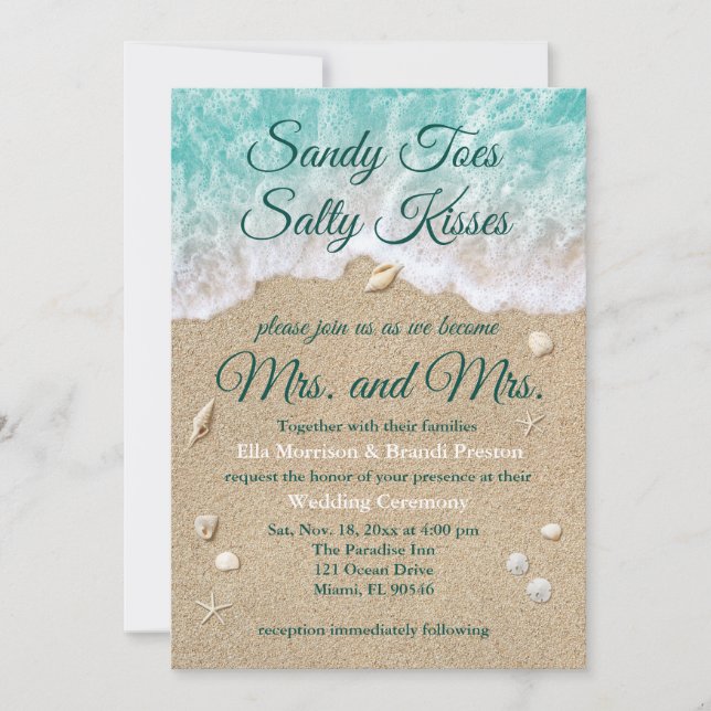 Invitación Beach Waves Sandy Toes Salty Kisses Mrs & Mrs. (Anverso)