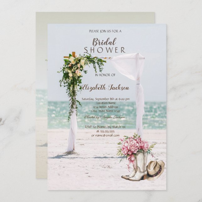 Invitación Beach Wedding Arbor Cowgirl Boots Bridal Shower (Anverso / Reverso)