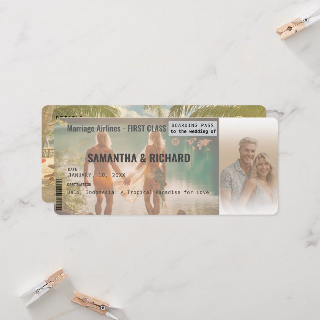 Invitación Beach Wedding Boarding Pass Romantic Beach  (Anverso/Reverso In Situ)