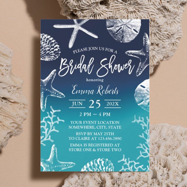 Invitación Beach Wedding Ocean Blue Seashells Bridal Shower (Subido por el creador)