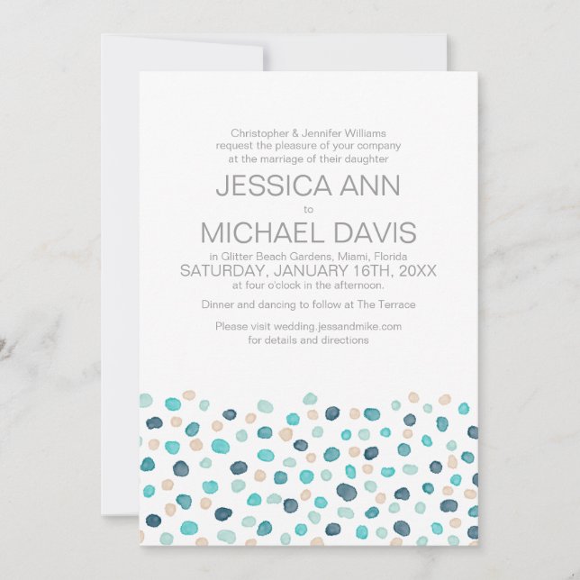 Invitación Beach Wedding Polka Dots Watercolor Moderno (Anverso)