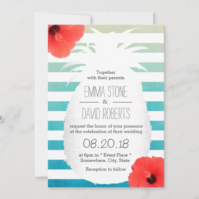 Invitación Beach Wedding Watercolor Stripes Pineapple (Anverso)