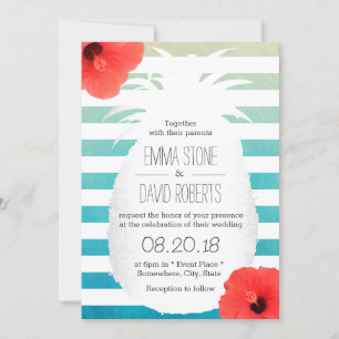 Invitación Beach Wedding Watercolor Stripes Pineapple
