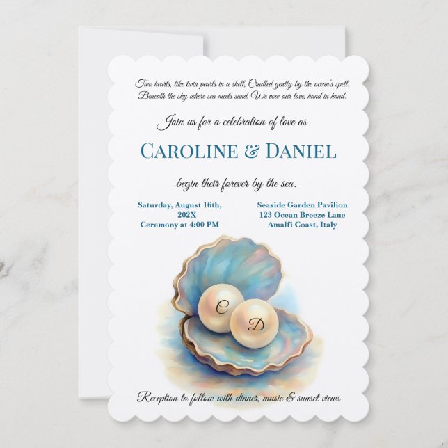 Invitación Beach Wedls Pearls Shell elegante tema del océano (Anverso)