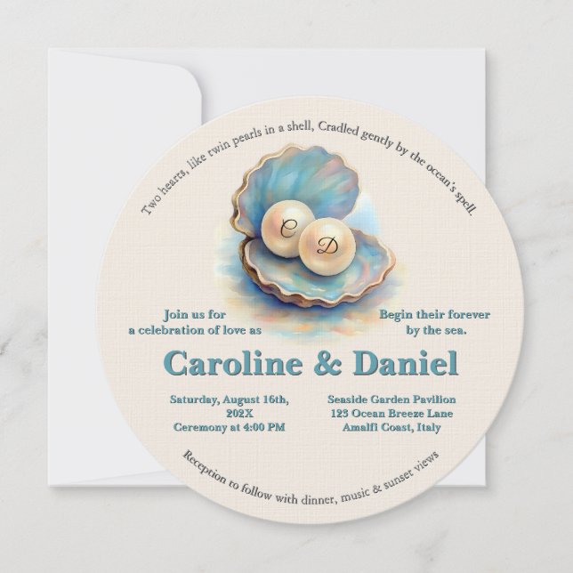 Invitación Beach Wedls Pearls Shell elegante tema del océano (Anverso)