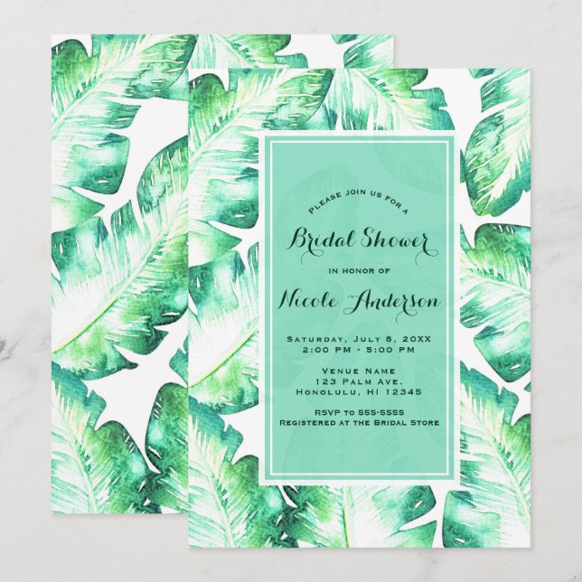 Invitación Beach White & Green Tropical Leaves Bridal Shower (Anverso / Reverso)