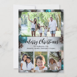 Invitación Beach Whitewash Turquoise 4-Photo Merry Christmas