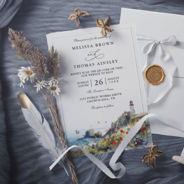 Invitación Beach Wildflower Lighthouse Beach QR Code Wedding (Subido por el creador)