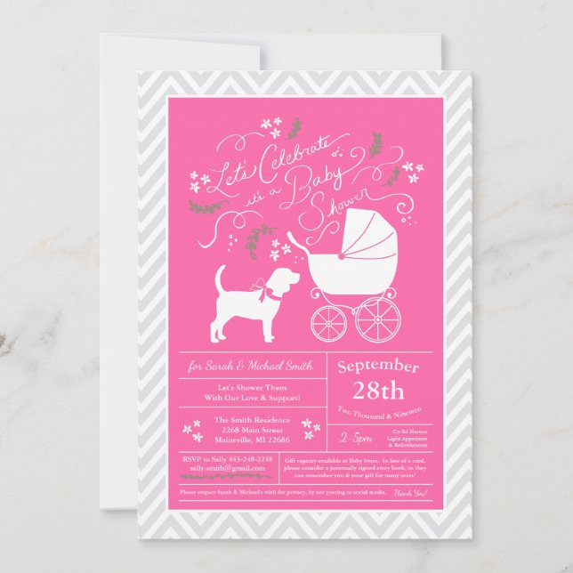 Invitación Beagle Dog Baby Shower Chica Rosa (Anverso)