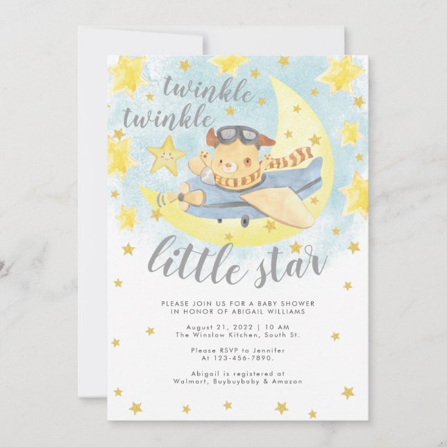 Invitación Bear Airplane Gold Twinkle Little Star Baby Shower (Anverso)