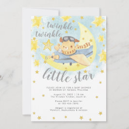 Invitación Bear Airplane Gold Twinkle Little Star Baby Shower