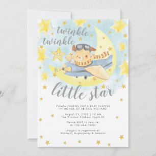 Invitación Bear Airplane Gold Twinkle Little Star Baby Shower