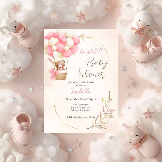 Invitación bear and balloons for a baby girl's shower (Subido por el creador)