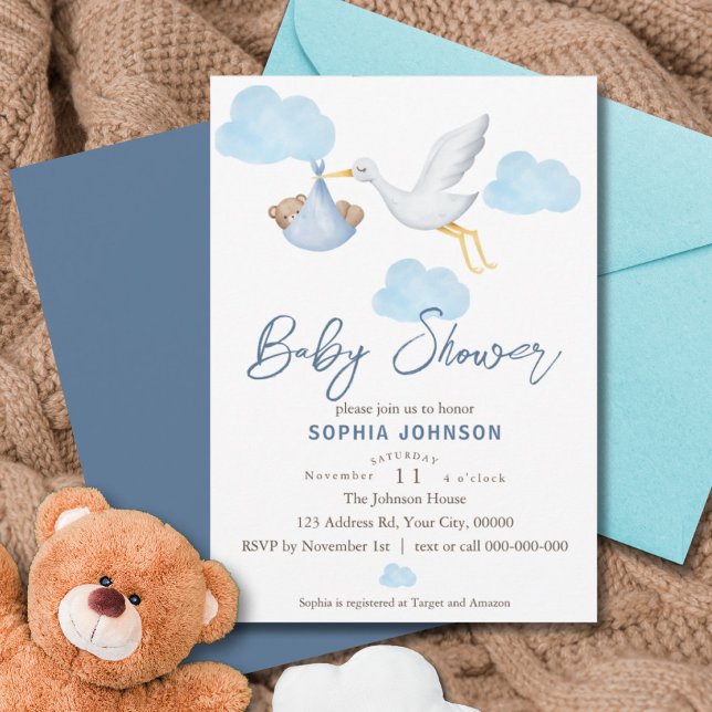 Invitación Bear Baby Shower, Baby Boy, Stork Delivery (Subido por el creador)