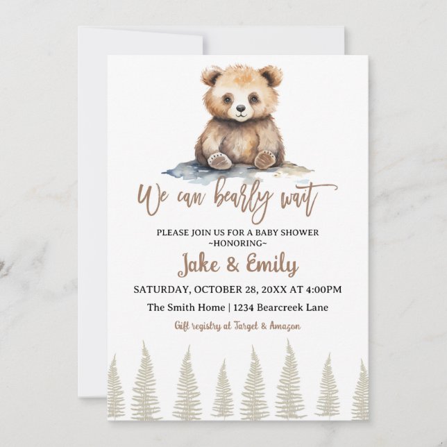 Invitación Bear Baby Shower Bearly Wait Woodland Teddy (Anverso)