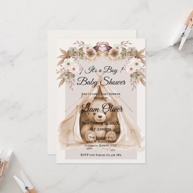 Invitación  Bear Baby Shower Boy invitation (Anverso/Reverso In Situ)