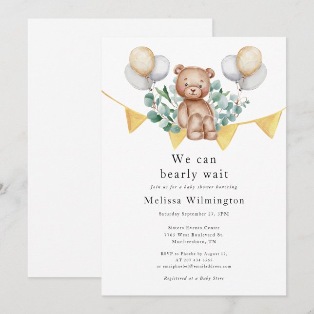 Invitación Bear Baby Shower Eucalyptus Woodland Animal (Anverso / Reverso)