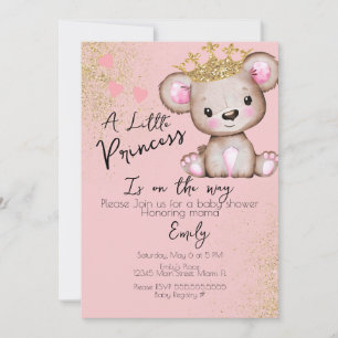 Invitación Bear Baby Shower Princess Sparkly Pink