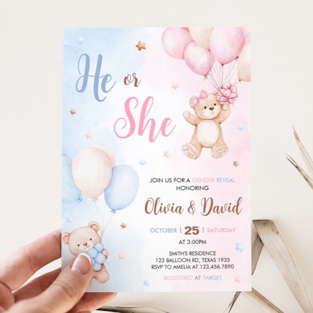 Invitación Bear Balloon Gender Reveal  (Bear Balloon He or She Gender Reveal Invitation)